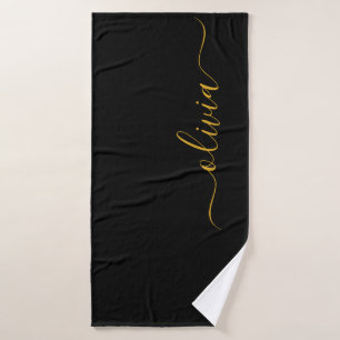 Black Gold Modern Script Girly Monogram Name Bath Towel