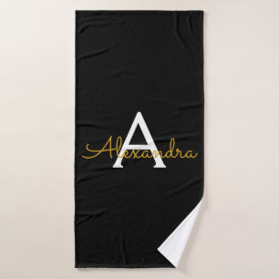 Black Gold Modern Script Girly Monogram Name Bath Towel