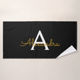 Black Gold Modern Script Girly Monogram Name Bath Towel