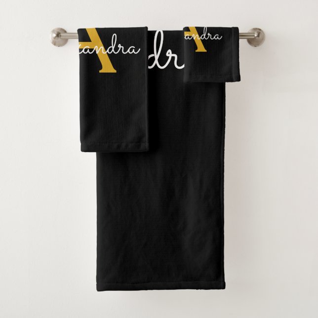 Black Gold Modern Script Girly Monogram Name Bath Towel Set (Insitu)
