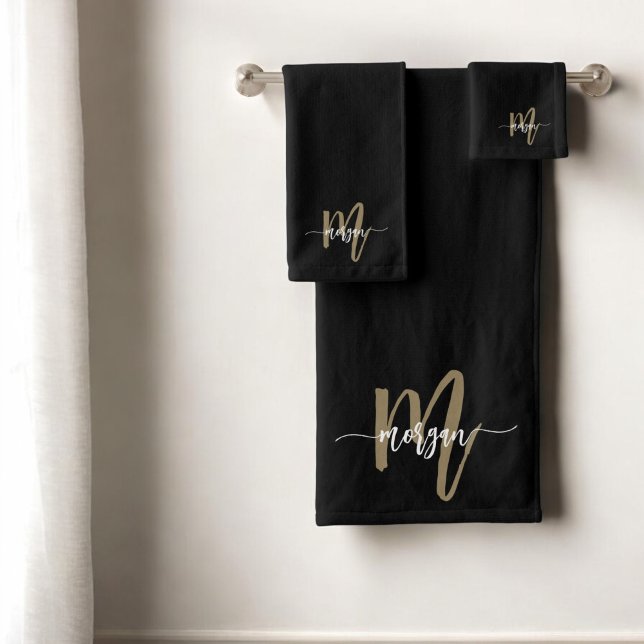 Black Gold Modern Script Girly Monogram Name Bath Towel Set (Creator Uploaded)