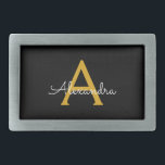 Black Gold Modern Script Girly Monogram Name Belt Buckle<br><div class="desc">Black and Gold Simple Script Monogram Name Belt Buckle. This makes the perfect graduation,  sweet 16 16th,  18th,  21st,  30th,  40th,  50th,  60th,  70th,  80th,  90th,  100th birthday,  wedding,  bridal shower,  anniversary,  baby shower or bachelorette party gift for someone that loves glam luxury and chic styles.</div>