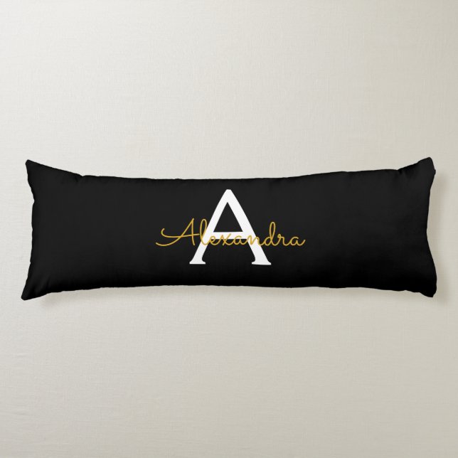Black Gold Modern Script Girly Monogram Name Body Cushion (Front)