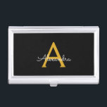 Black Gold Modern Script Girly Monogram Name Business Card Holder<br><div class="desc">Black and Gold Simple Script Monogram Name Business Card Holder. This makes the perfect sweet 16 birthday,  wedding,  bridal shower,  anniversary,  baby shower or bachelorette party gift for someone that loves glam luxury and chic styles.</div>