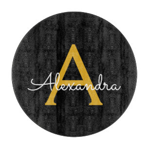 Black Gold Modern Script Girly Monogram Name Cutting Board