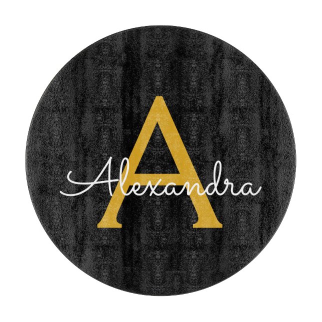 Black Gold Modern Script Girly Monogram Name Cutting Board (Front)