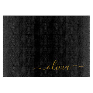 Black Gold Modern Script Girly Monogram Name Cutting Board