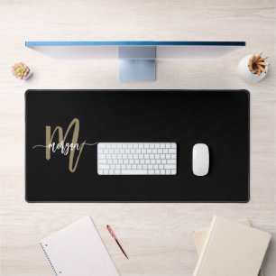 Black Gold Modern Script Girly Monogram Name Desk Mat
