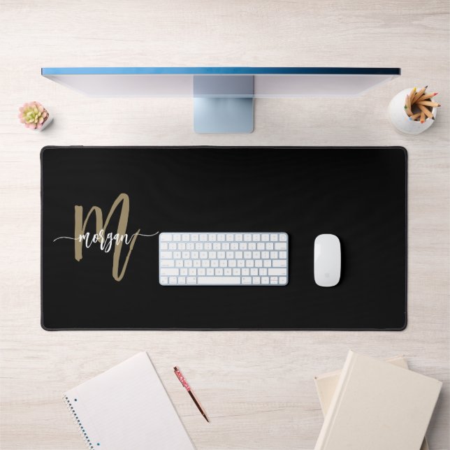 Black Gold Modern Script Girly Monogram Name Desk Mat (Office 1)