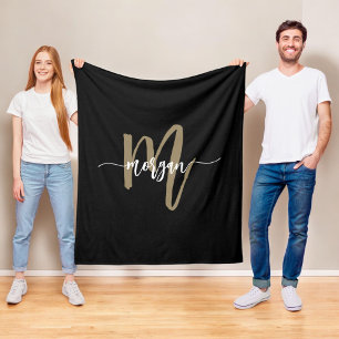 Black Gold Modern Script Girly Monogram Name Fleece Blanket