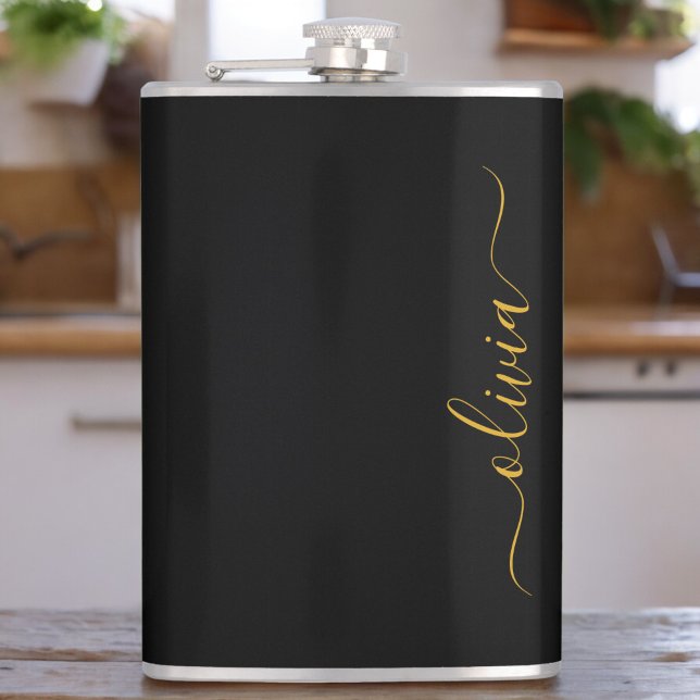 Black Gold Modern Script Girly Monogram Name Hip Flask (Creator Uploaded)