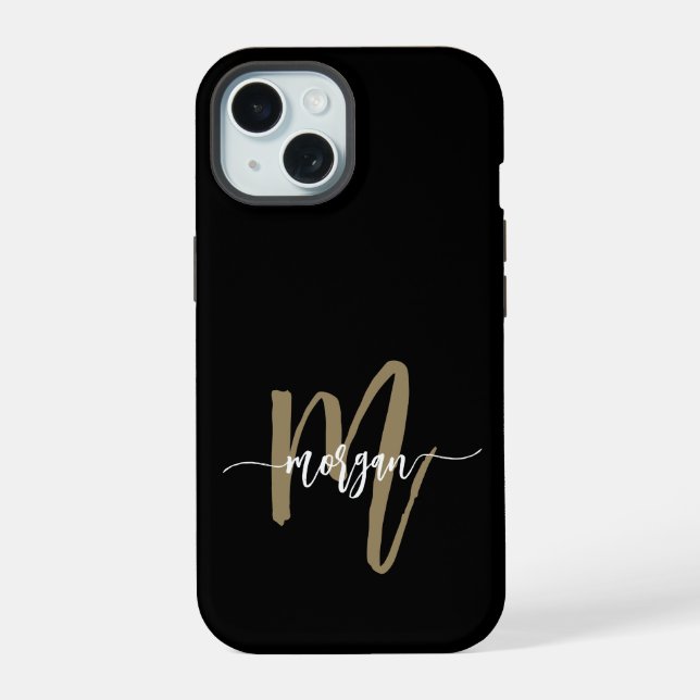 Black Gold Modern Script Girly Monogram Name iPhone 15 Case (Back)