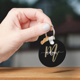 Black Gold Modern Script Girly Monogram Name Key Ring