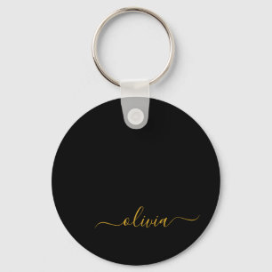 Black Gold Modern Script Girly Monogram Name Key Ring