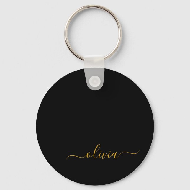 Black Gold Modern Script Girly Monogram Name Key Ring (Front)