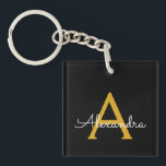 Black Gold Modern Script Girly Monogram Name Key Ring<br><div class="desc">Black and Gold Simple Script Monogram Name Keychain. This makes the perfect sweet 16 birthday,  wedding,  bridal shower,  anniversary,  baby shower or bachelorette party gift for someone that loves glam luxury and chic styles.</div>