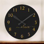 Black Gold Modern Script Girly Monogram Name Large Clock<br><div class="desc">Black and Gold Simple Script Monogram Name Clock. This makes the perfect sweet 16 birthday,  wedding,  bridal shower,  anniversary,  baby shower or bachelorette party gift for someone that loves glam luxury and chic styles.</div>