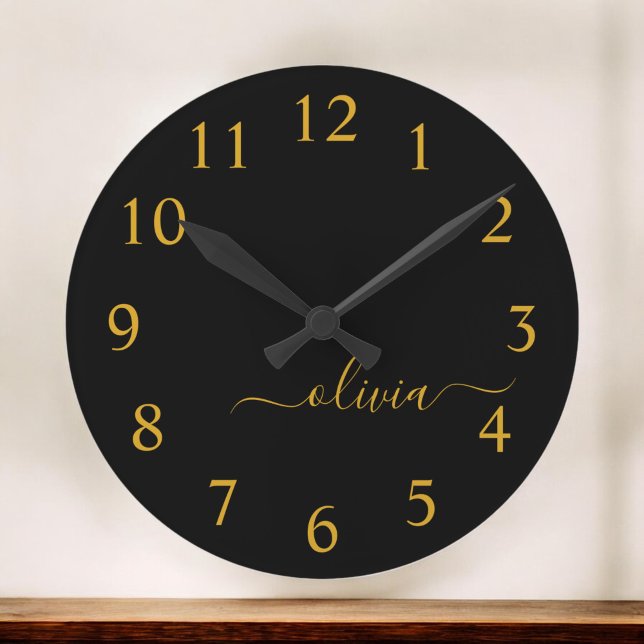 Black Gold Modern Script Girly Monogram Name Large Clock (Creator Uploaded)