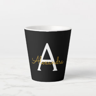 Black Gold Modern Script Girly Monogram Name Latte Mug