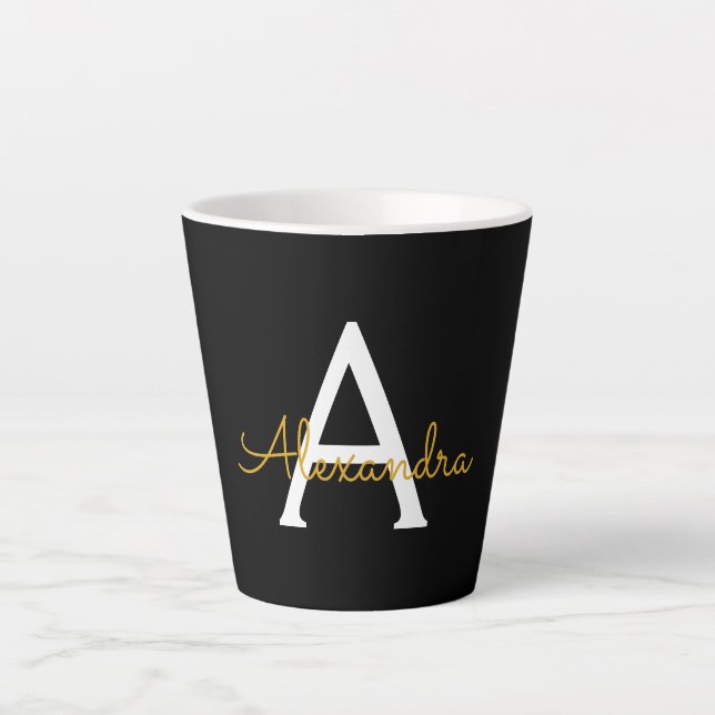 Black Gold Modern Script Girly Monogram Name Latte Mug (Front)
