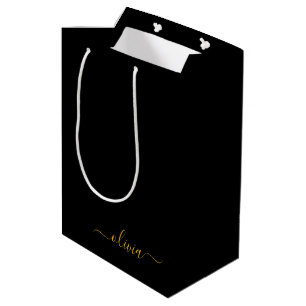 Black Gold Modern Script Girly Monogram Name Medium Gift Bag