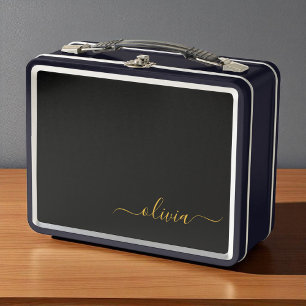 Black Gold Modern Script Girly Monogram Name Metal Lunch Box