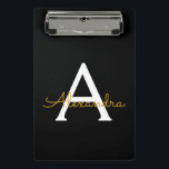 Black Gold Modern Script Girly Monogram Name Mini Clipboard<br><div class="desc">Black and Gold Name Planning Clipboard. This makes the perfect sweet 16 birthday,  wedding,  bridal shower,  anniversary,  baby shower or bachelorette party gift for someone that loves glam luxury and chic styles.</div>