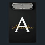 Black Gold Modern Script Girly Monogram Name Mini Clipboard<br><div class="desc">Black and Gold Name Planning Clipboard. This makes the perfect sweet 16 birthday,  wedding,  bridal shower,  anniversary,  baby shower or bachelorette party gift for someone that loves glam luxury and chic styles.</div>