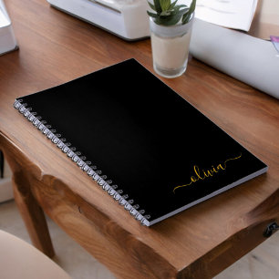Black Gold Modern Script Girly Monogram Name Notebook