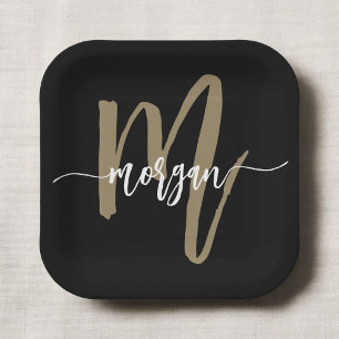 Black Gold Modern Script Girly Monogram Name Paper Plate