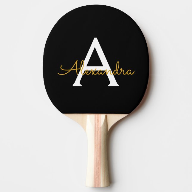 Black Gold Modern Script Girly Monogram Name Ping Pong Paddle (Front)