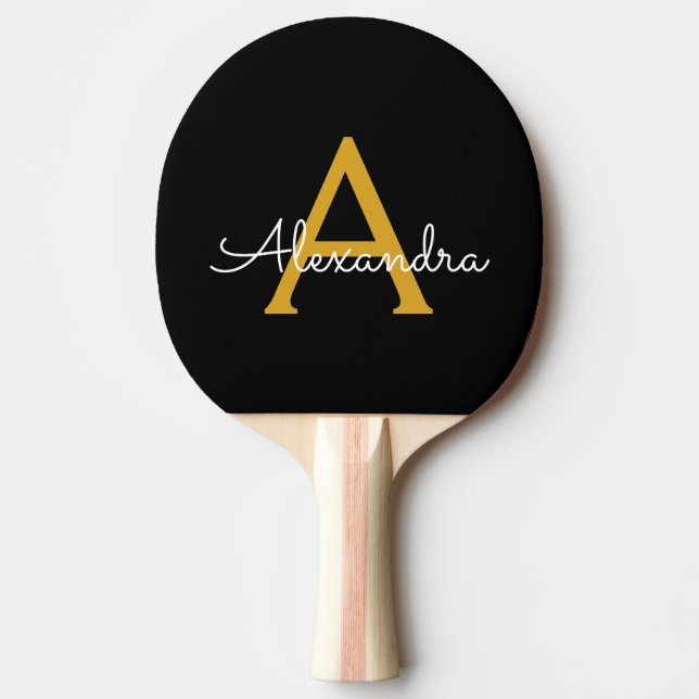 Black Gold Modern Script Girly Monogram Name Ping Pong Paddle (Front)