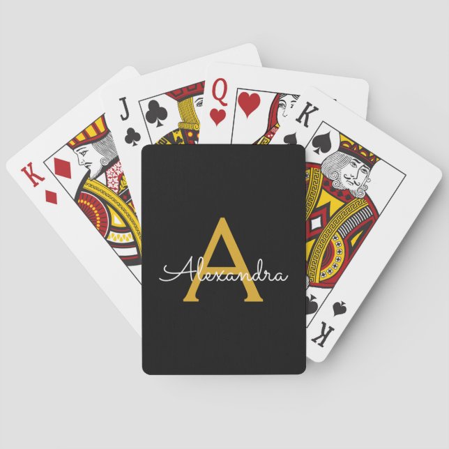 Black Gold Modern Script Girly Monogram Name Playing Cards (Back)