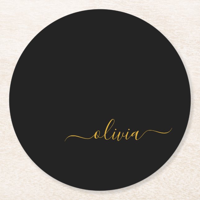 Black Gold Modern Script Girly Monogram Name Round Paper Coaster (Front)