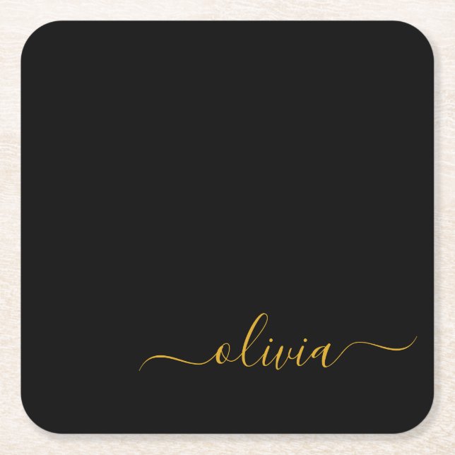 Black Gold Modern Script Girly Monogram Name Square Paper Coaster (Front)