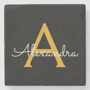 Black Gold Modern Script Girly Monogram Name Stone Coaster