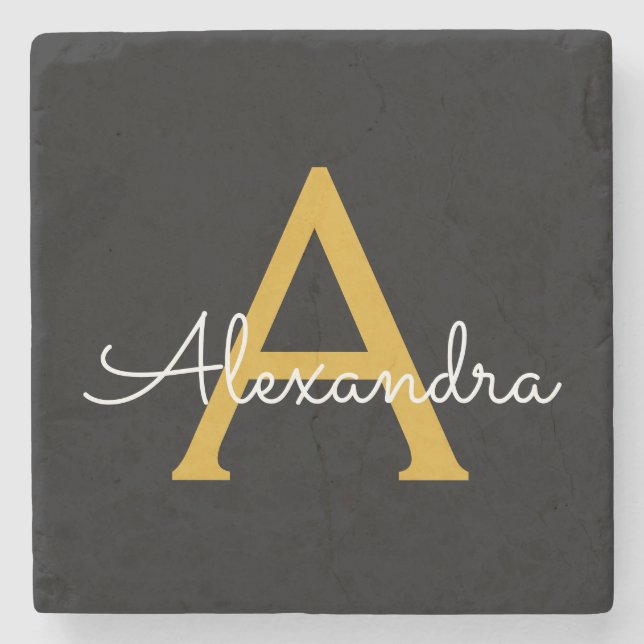 Black Gold Modern Script Girly Monogram Name Stone Coaster (Front)