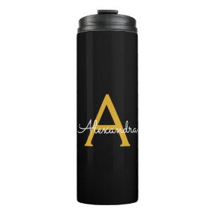 Black Gold Modern Script Girly Monogram Name Thermal Tumbler