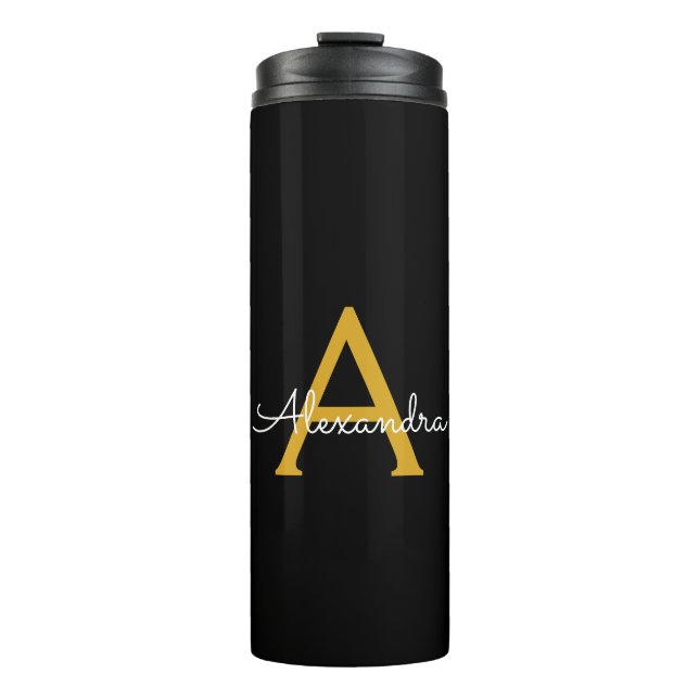 Black Gold Modern Script Girly Monogram Name Thermal Tumbler (Front)