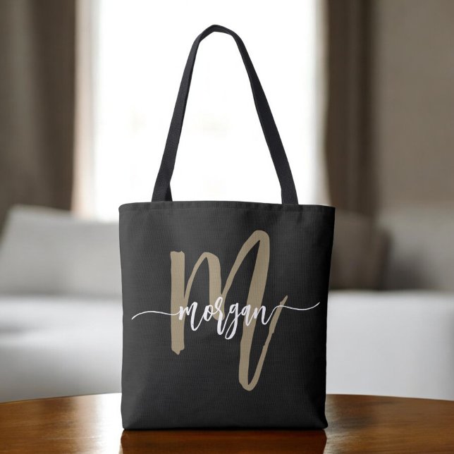 Black Gold Modern Script Girly Monogram Name Tote Bag (Creator Uploaded)
