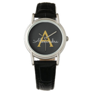 Black Gold Modern Script Girly Monogram Name Watch