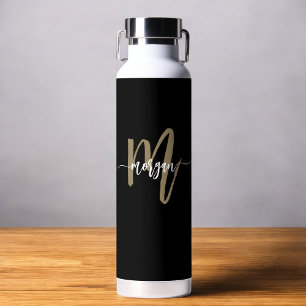 Black Gold Modern Script Girly Monogram Name Water Bottle