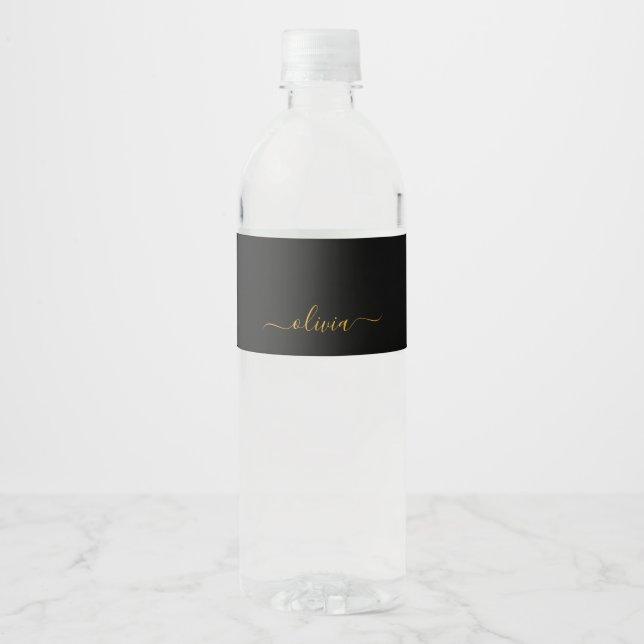 Black Gold Modern Script Girly Monogram Name Water Bottle Label (Front)