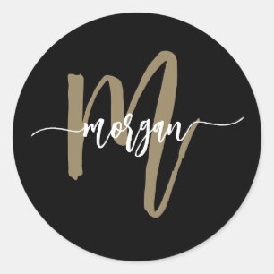Black Gold Modern Script Monogram Name Classic Round Sticker