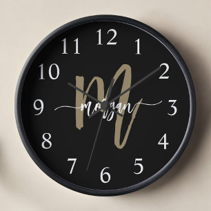 Black Gold Modern Script Monogram Name  Clock