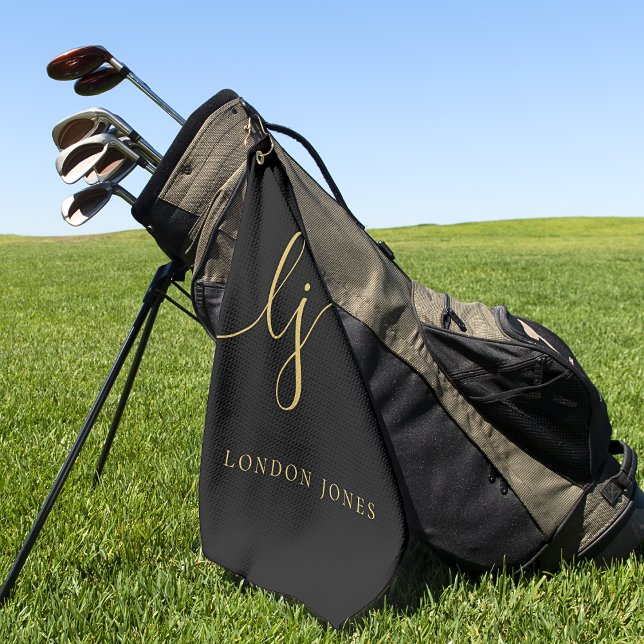 Black Gold Modern Script Monogram Name Girly Golf Towel (Creator Uploaded)