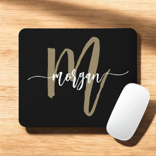 Black Gold Modern Script Monogram Name Mouse Mat