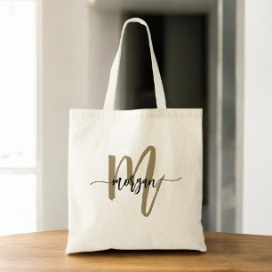 Black Gold Modern Script Monogram Name Tote Bag