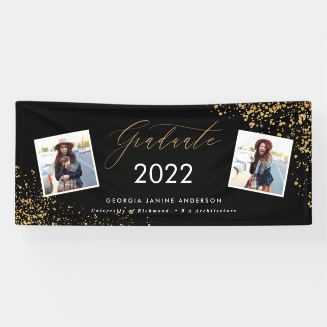 Black + gold modern script multi photo graduation  banner (Horizontal)