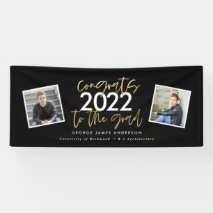 Black + gold modern script multi photo graduation banner